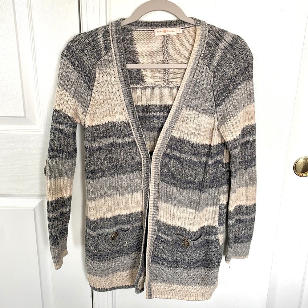 Tory Burch Striped Gray Multiweave Chenille Cardigan